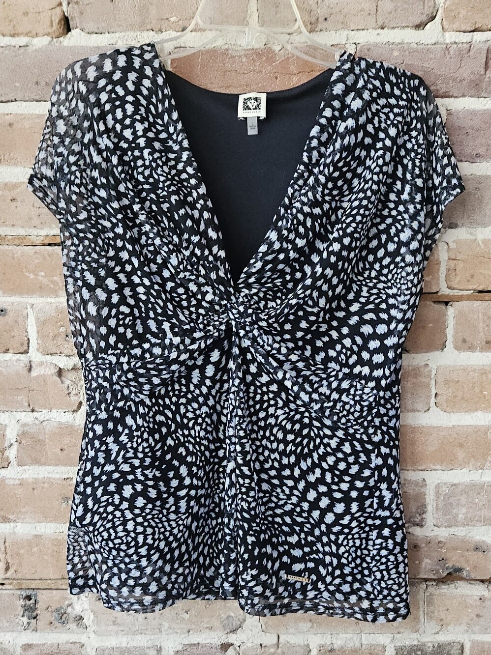 Anne Klein Blue & White Printed Twist-Front Women's Top Size Large